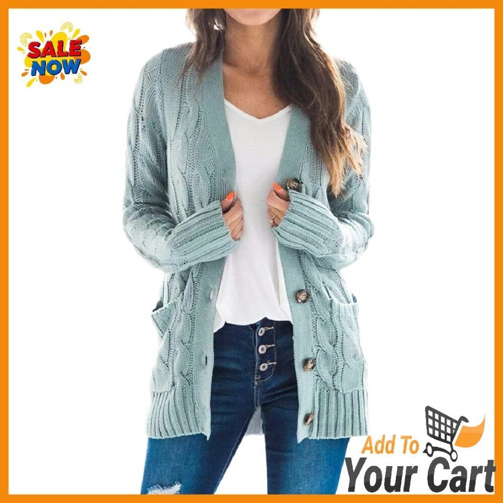 Cable Knit Cardigan Open Front Button Down Sweater Coat Women's